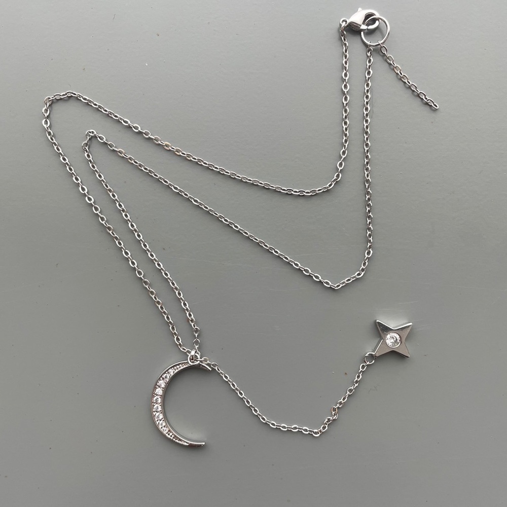 Moon Star Drop Silver Tone Sweet Necklace